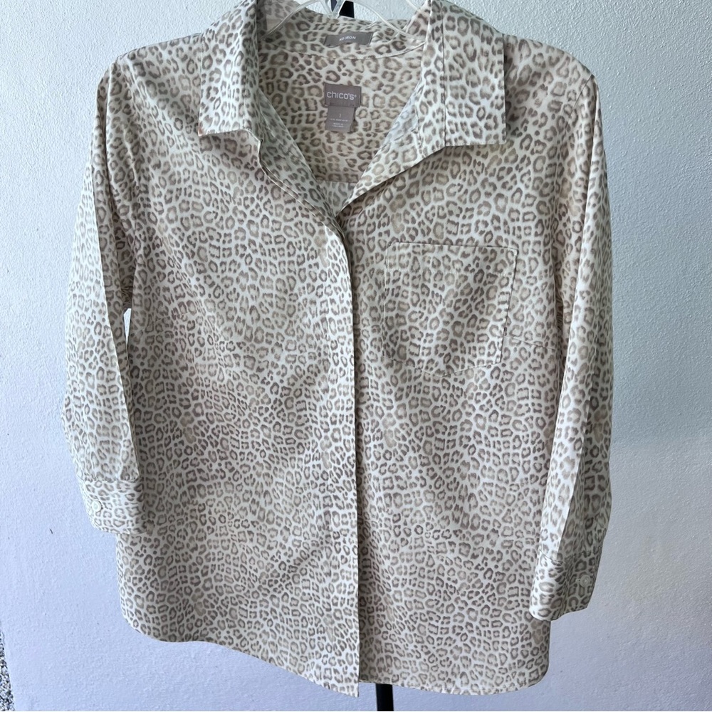 Chico's Button Up Long Sleeve Cheetah Print Shirt With Pocket